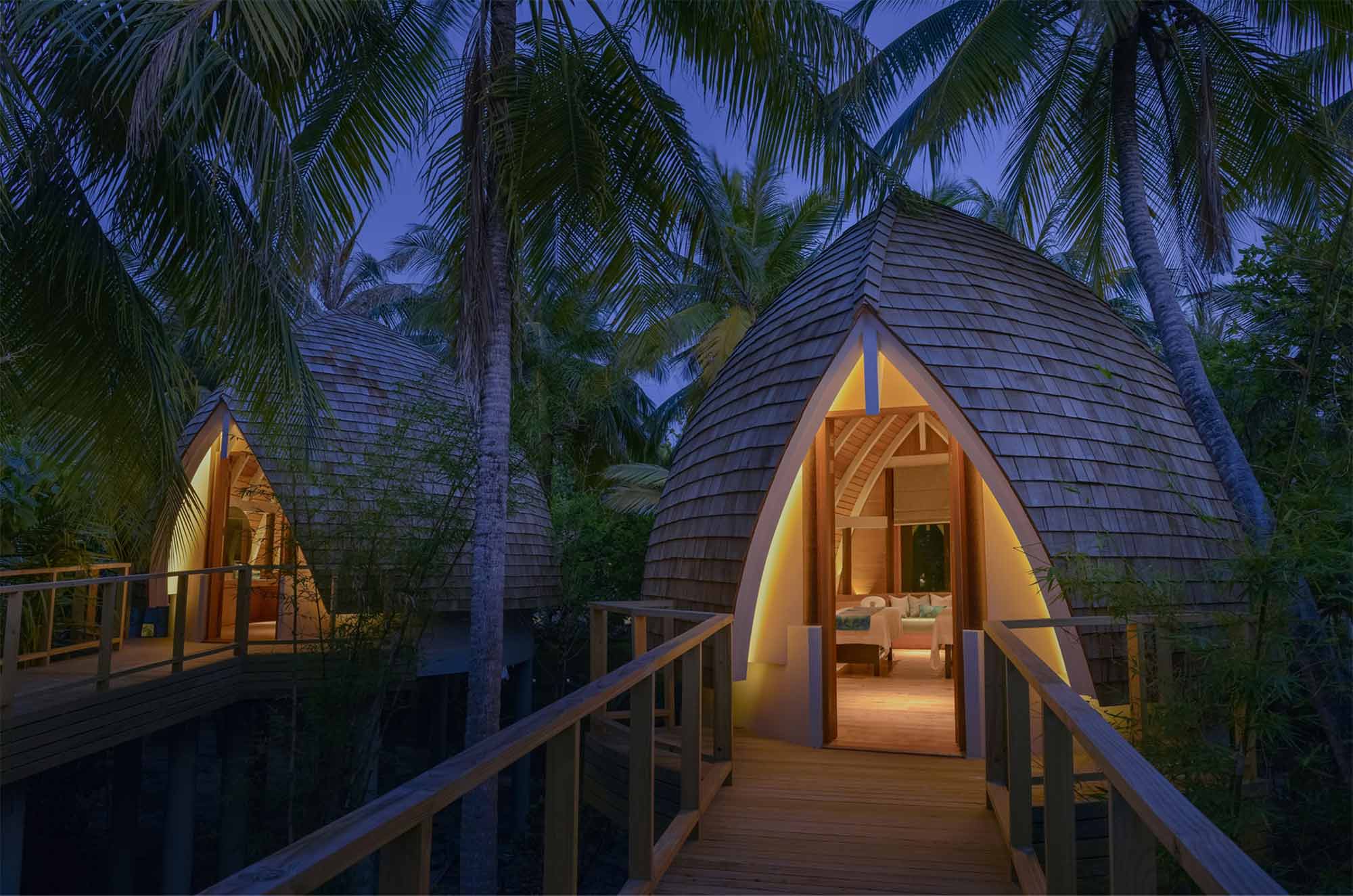 A spa above the palm canopy — the activity/scene in action. Treatment rooms rising over the treetops.