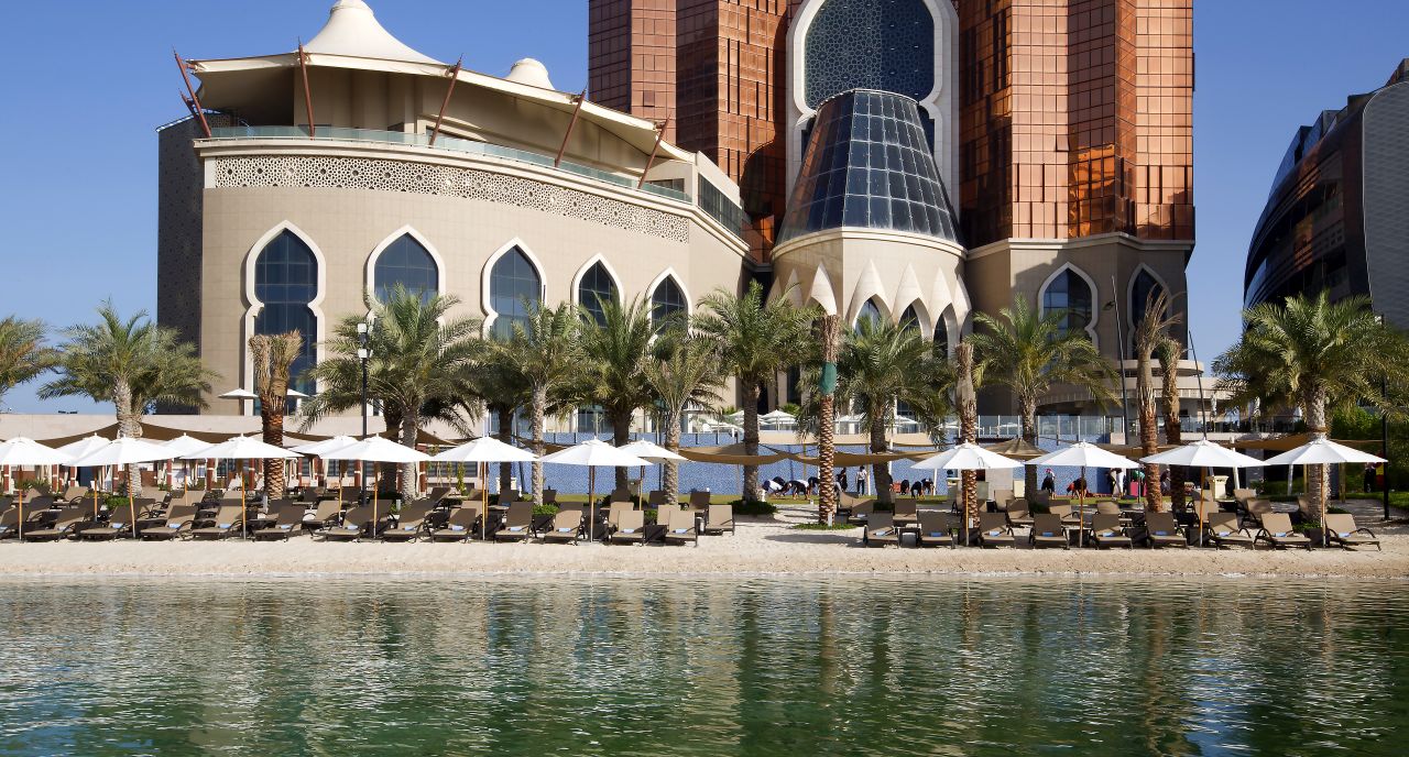 Hero/establishing shot of Bab Al Qasr, Abu Dhabi. A palatial Arabian-Moroccan beach hotel and residences on the Corniche, opposite Emirates Palace, with one of Abu Dhabi’s largest private beaches.