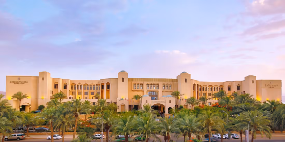Hero/establishing shot of InterContinental Aqaba Resort, Aqaba, Jordan. Jordan’s Red Sea beach and dive base in Aqaba, with the largest private sandy beach in town and coral reefs on the doorstep.