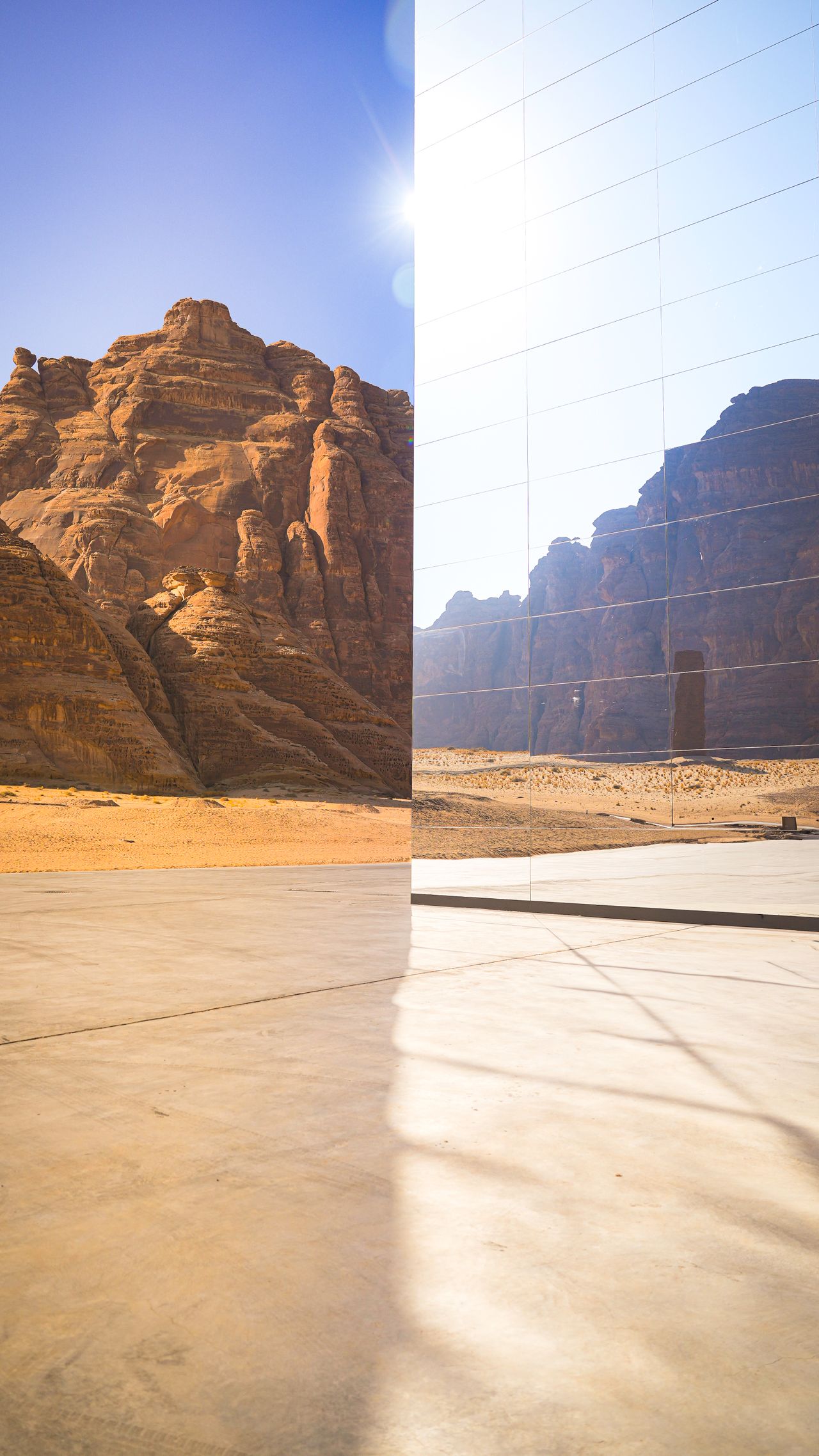 The world's largest mirrored building, reflecting the AlUla desert so completely it almost disappears